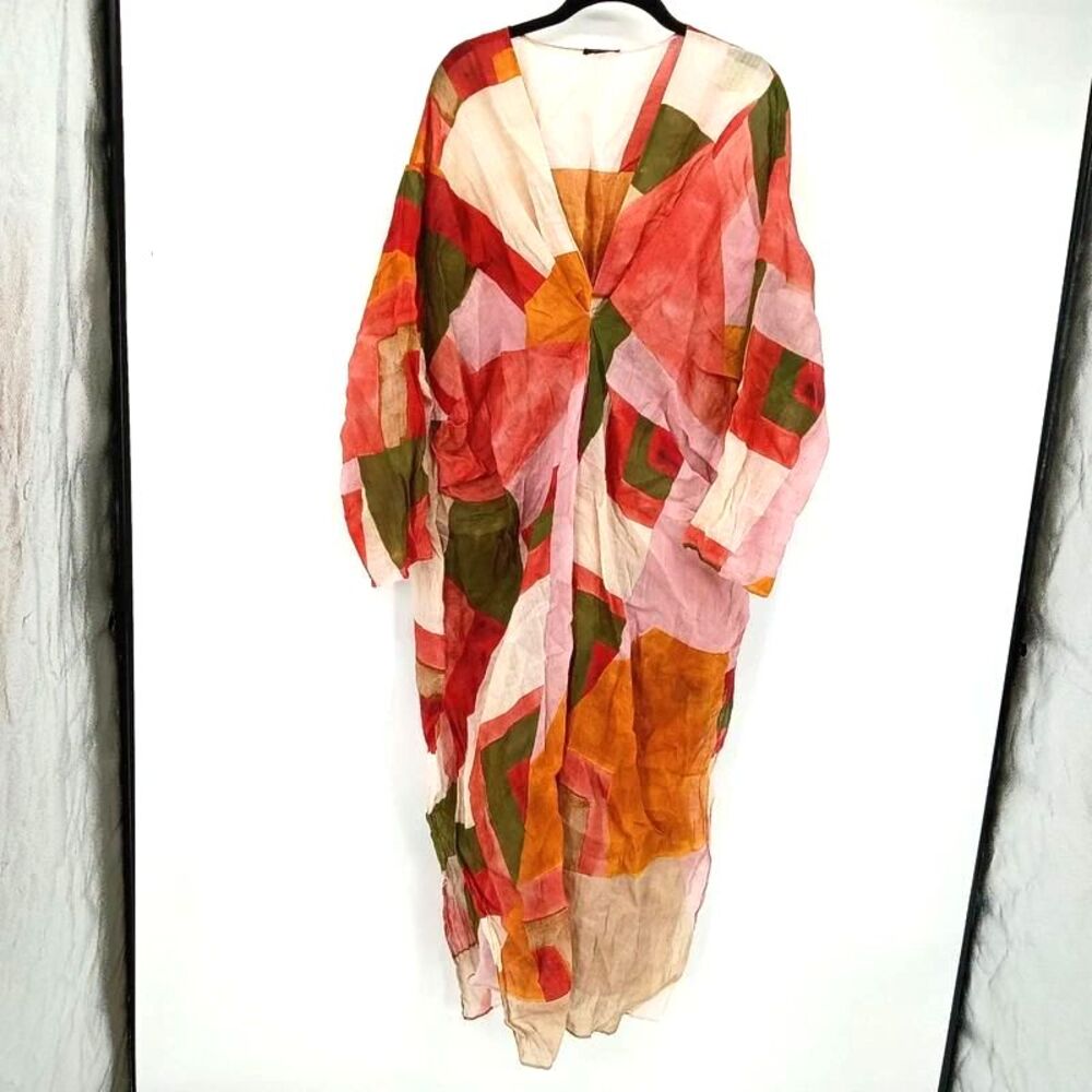 Massimo Dutti Sheer Abstract Geometric Boho Duster Dress Pockets 100% Ramie L